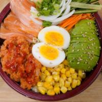 Small Poke Bowl · 3 scoops of protenis, with your choice of base,mix-ins toppings and sauce.