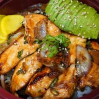Salmon Bowl · Stir-fried Salmon,onion,green onion,Eel sauce and soy sauce, Jalapeño.Avocado and pickle rad...