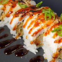 San Mateo roll · Shrimp Tempura cucumber topped Imitation crab (Unagi sauce&Spicy Mayo)