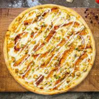 Pizza Peninsula Special · Ranch sauce, marinated chicken, green onions, fresh tomatoes, bacon, and garlic baked on a h...