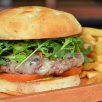 Vermont Cheese Burger · Home made focaccia bun, aioli, grass fed beef patty, arugula, tomato, shallots, white cheddar.