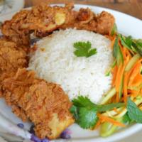 Fried Chicken with Asian salad · Crispy Fried Chicken, with shredded carrot, cucumber, mint, cilantro with schilling dressing...