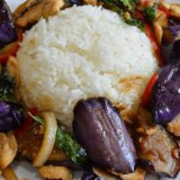 Spicy Eggplant · Stir Fried Chinese Eggplant with Garlic, Thai chili, onion, bell pepper served with jasmine ...