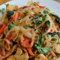Spicy Noodle (Pad Kee Mao) · Stirred fried rice noodle with garlic, Thai chili, onion, bell pepper, Chinese broccoli, bas...