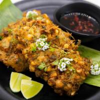 Bakwan - Corn Fritters · Sweet corn and okra fritter. The batter has cilantro, makrut lime leaves, green onions, chil...