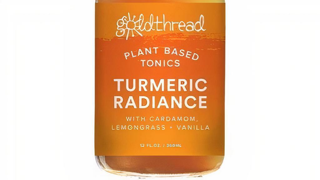 Turmeric Radiance · lemongrass, ginger root, orange peel + lemon verbena plant-based tonic