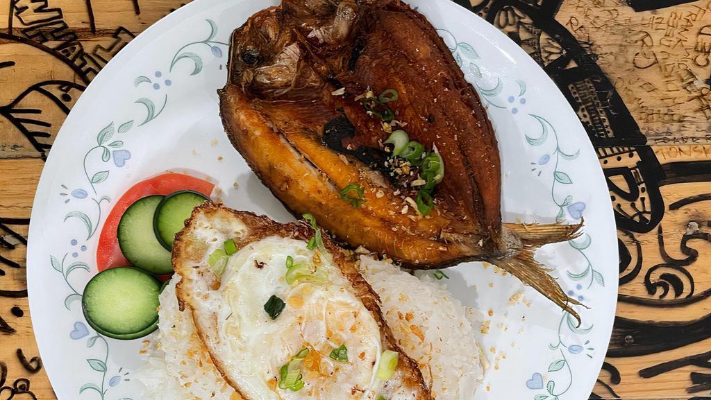 Fried Bangus & Egg · Fried marinated baby bangus served with rice and an egg.