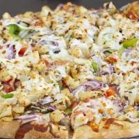 Chicken Supreme Gourmet Pizza · Chicken, mushrooms, red onions, tomatoes, bell peppers, garlic, white sauce, and mozzarella ...
