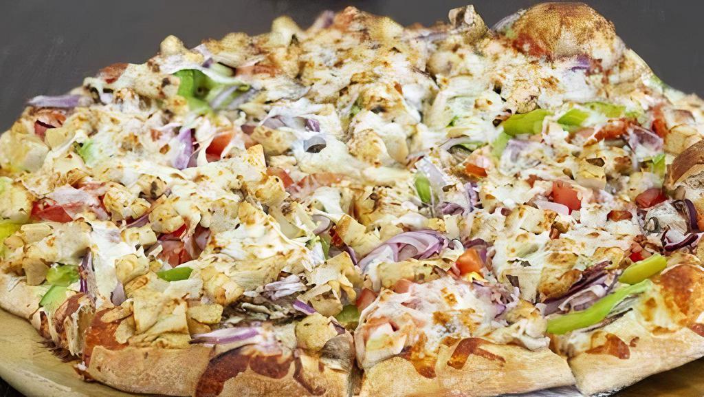 Chicken Supreme Gourmet Pizza · Chicken, mushrooms, red onions, tomatoes, bell peppers, garlic, white sauce, and mozzarella cheese.