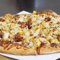 BBQ Chicken Gourmet Pizza · Bacon, chicken, pineapple, barbeque sauce, and mozzarella cheese.