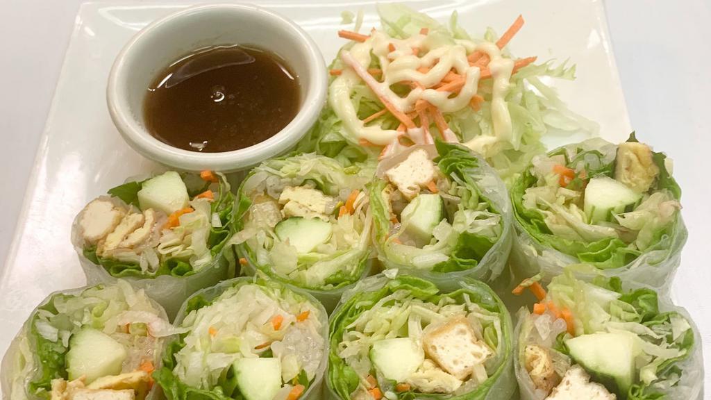 Fresh Roll (Vegetarian) · Fresh clear rice paper rolls stuffed with lettuce, tofu, egg, cucumber, carrot, bean sprouts, and cilantro. Served with tamarind sauce.