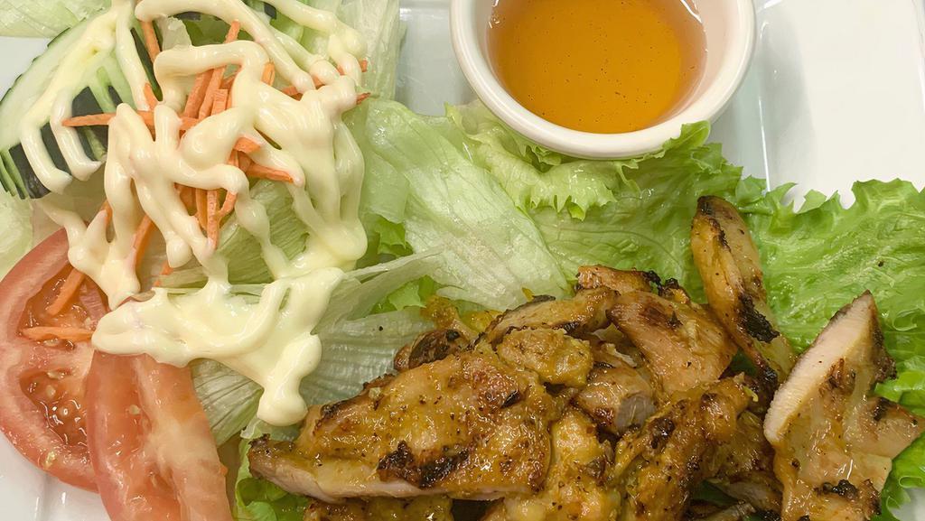 Grilled Chicken · Grilled marinated chicken with Thai herbs. Served with sweet and sour sauce and fresh green salad.