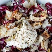 Chicory Caesar Salad · mixed chicories, garlic croutons, white anchovy, poached egg, parmigiano-reggiano, caesar dr...