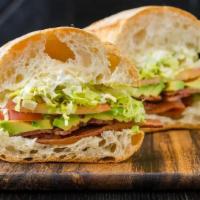 BLTA Sando · bacon, avocado, lettuce, tomato, mayo, on an acme roll