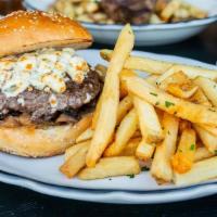 GLK Burger · beef patty, caramelized onions, sauteed mushrooms, bleu cheese, on a bun served with french ...