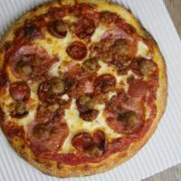 2. Meat Lovers · Pepperoni, salami, ham, sausage, linguica, ground beef, and extra cheese.