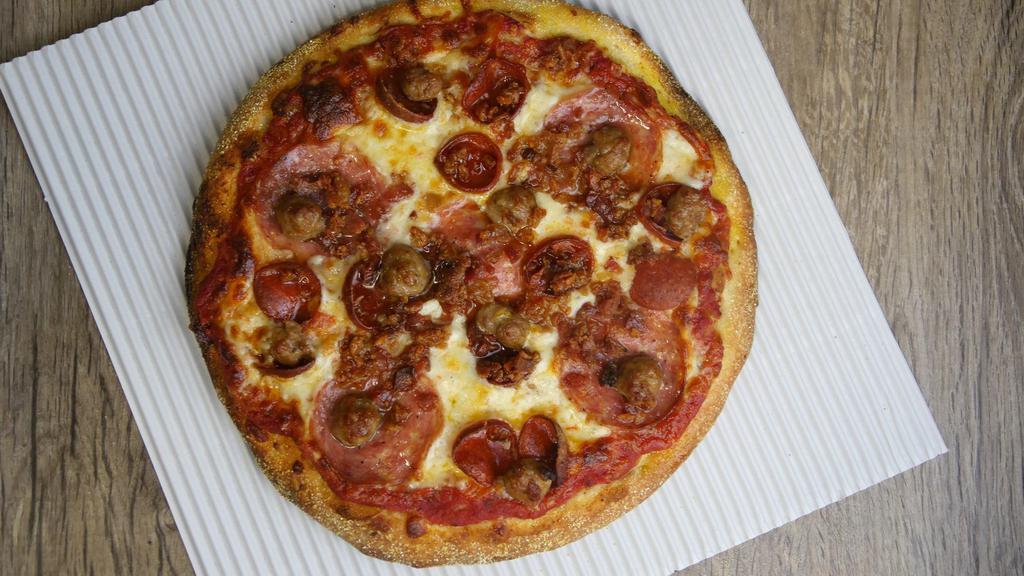 2. Meat Lovers · Pepperoni, salami, ham, sausage, linguica, ground beef, and extra cheese.
