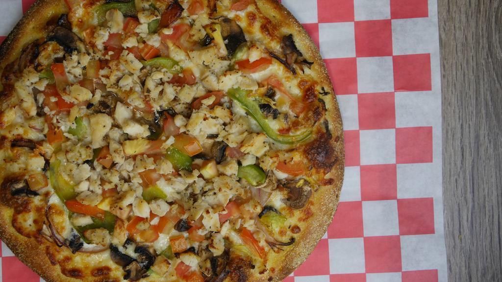 6. Chicken Garlic Supreme · Chicken, red onions, mushrooms, tomatoes and green peppers, over garlic white sauce.