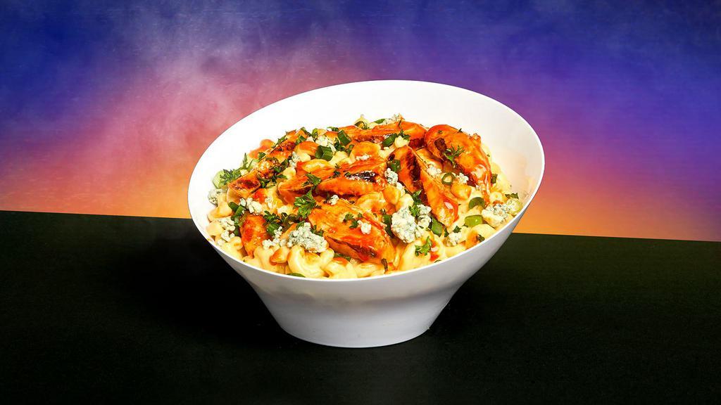 Buffalo Chicken Mac and Cheese · Classic mac and cheese with buffalo chicken, blue cheese crumbles, diced scallion.