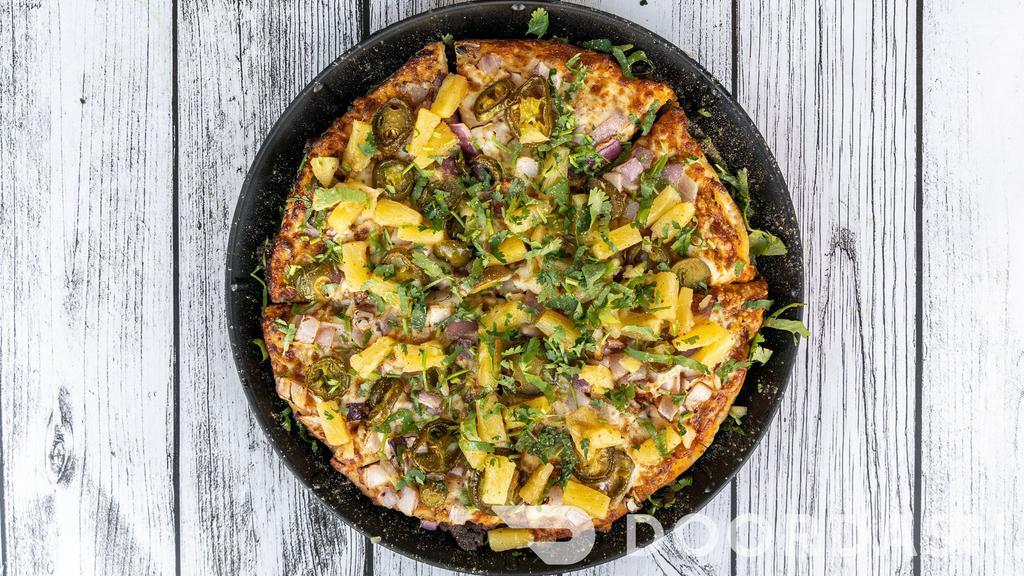 Masala Pineapple · Masala marinated pineapple, red onions, jalapeños with Mozzarella cheese and creamy curry sauce.