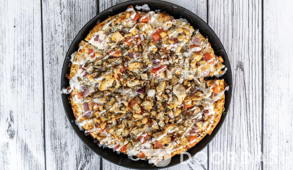 Garlic Chicken · Garlic chicken: chicken, garlic mushrooms, tomatoes, onions with Mozzarella cheese and creamy garlic sauce.