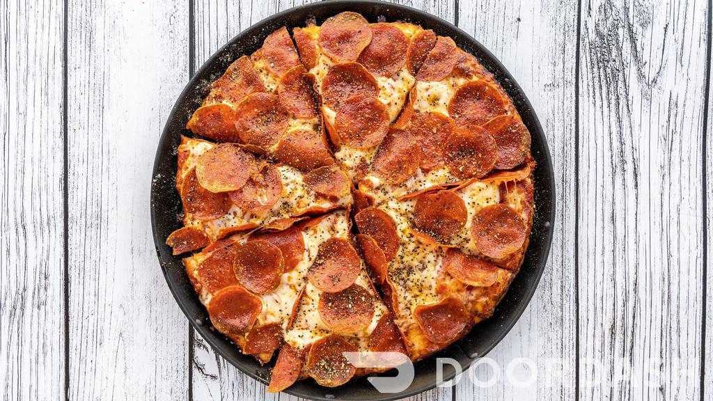 Pepperoni Paradise · Comes with extra pepperoni, garlic, lemon pepper, mozzarella cheese, and red sauce. (You may choose your crust for Small sized Pizza).
