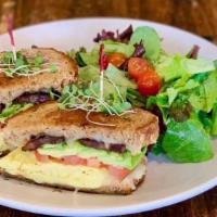 Boosted Bec Grilled Cheese · Bacon, scrambled egg, avocado, tomato, and jack. On whole wheat toast and served with salad.