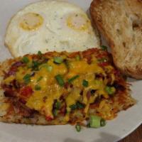 Sunnyside hash · Topped with bacon, red onion, bell pepper, cherry pepper, mushroom, scallion, and mild chedd...