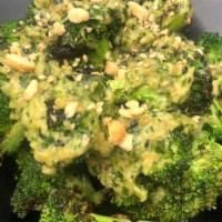 Grilled Broccoli · arugula soy pesto, peanuts, furikake