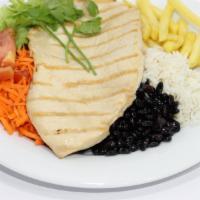 Frango - Grilled Chicken Breast Filet Plate · Grilled Chicken and, Brazilian Style Rice, Beans, Salad and French Fries.