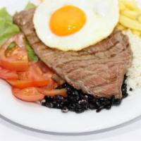 Grilled Rump Steak with fried egg · Grilled Rump Steak with fried egg on the Plate and White Brazilian Style Rice, Beans, Salad ...