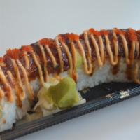 Special Crazy Roll (Spicy) · Shrimp tempura, avocado, spicy tuna, topped with tobiko and spicy mayo.