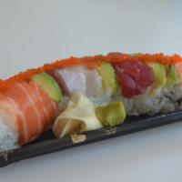 Rainbow Roll · Salmon, Tuna, Hamachi, Avocado, topped with tobiko