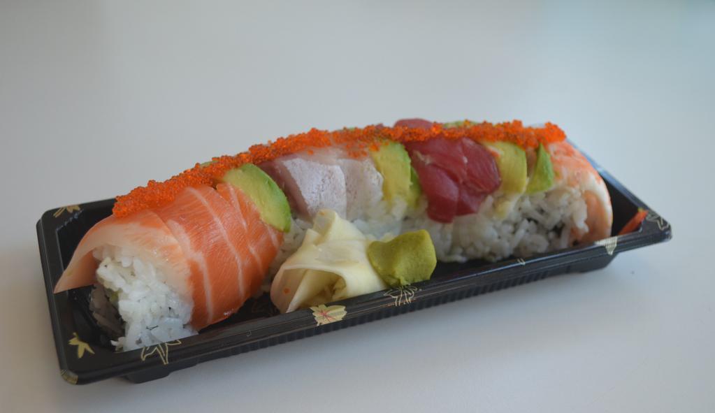 Rainbow Roll · Salmon, Tuna, Hamachi, Avocado, topped with tobiko
