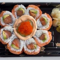 Cherry Blossom Roll · Salmon, avocado, imitation crab meat, nori topped with tobiko and mayo