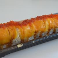 Mango Roll · Salmon, Imitation crab meat topped with mango and tobiko.