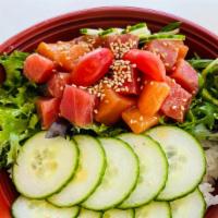Poke Bowl (Spicy) · Salmon, tuna, cucumber, rice, spicy sauce