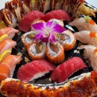 Tray A · Cherry blossom roll, Special crazy roll (spicy), lion king roll (spicy), salmon nigiri, tuna...