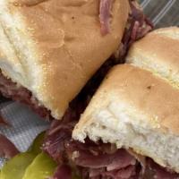 The Real Deal New York Style Hot Pastrami Sandwich · We cure the meat for over 6 months then we slow cook it to perfection, sliced thin and high,...