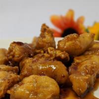 Princess Chicken · Brown peppery sweet sauce, very similar to orange chicken without the marmelade flavor.