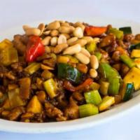 Kung Pao Chicken · Spicy! Diced tender chicken with celery, bamboo shoots, zucchini, bell peppers and peanuts.