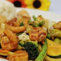Vegetables with Prawns · Sauteed prawns with zucchini, carrots, celery and broccoli.