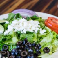 Greek Salad · Romaine lettuce, cucumbers, black olives and red onions,slice tomato, feta cheese and Greek ...