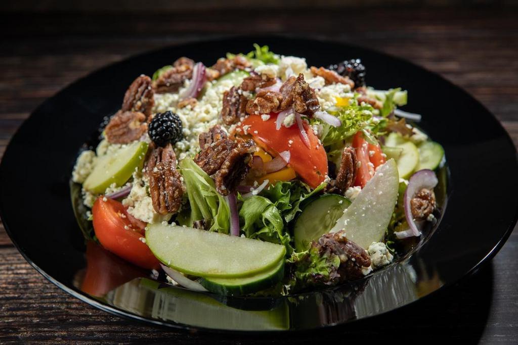 Berry Bleu Salad · Fresh greens, green apples, candied pecans, blackberries, bleu cheese crumbles, bell pepper, cucumber, onion and tomato.  Served with your choice of bread and dressing on the side.