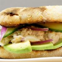 Tuna and Avocado Muffin · Toasted muffin, avocado, cucumbers, tuna salad, red onions, little butter.
