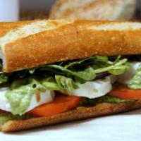 Fresh Mozzarella with Avocado · Toasted ciabatta, basil pesto, tomatoes, arugula, balsamic.