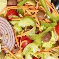 GREEN SALAD · Organic Romaine Hearts, Cucumber, Red Onion, Carrots, Cherry Tomatoes, Bell Pepper, Red Cabb...