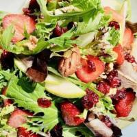 HOUSE SALAD · Organic Mixed greens, Green apple, Cranberry, Strawberry, Roasted walnuts, Goat cheese with ...