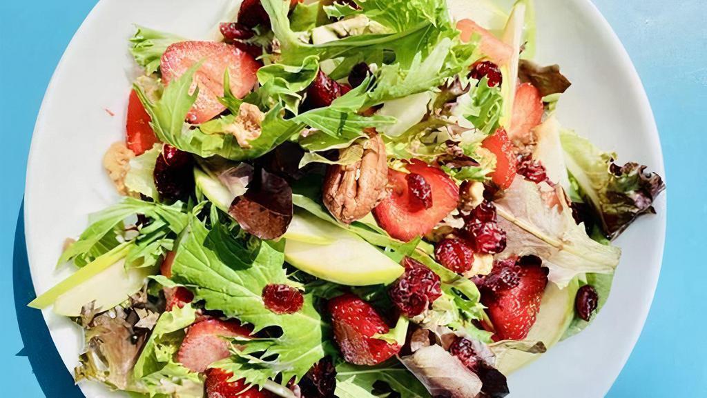 HOUSE SALAD · Organic Mixed greens, Green apple, Cranberry, Strawberry, Roasted walnuts, Goat cheese with Balsamic Vinaigrette.