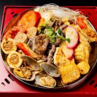 Dn. Beef Satay Hot Soup · Beef slices, beef tendon ball, clam, fish tofu, kamaboko, golden fish ball, imitation crab m...